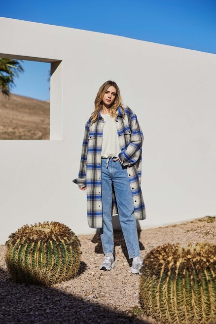 ALICIA BEIGE & BLUE CHECKED LONG COAT